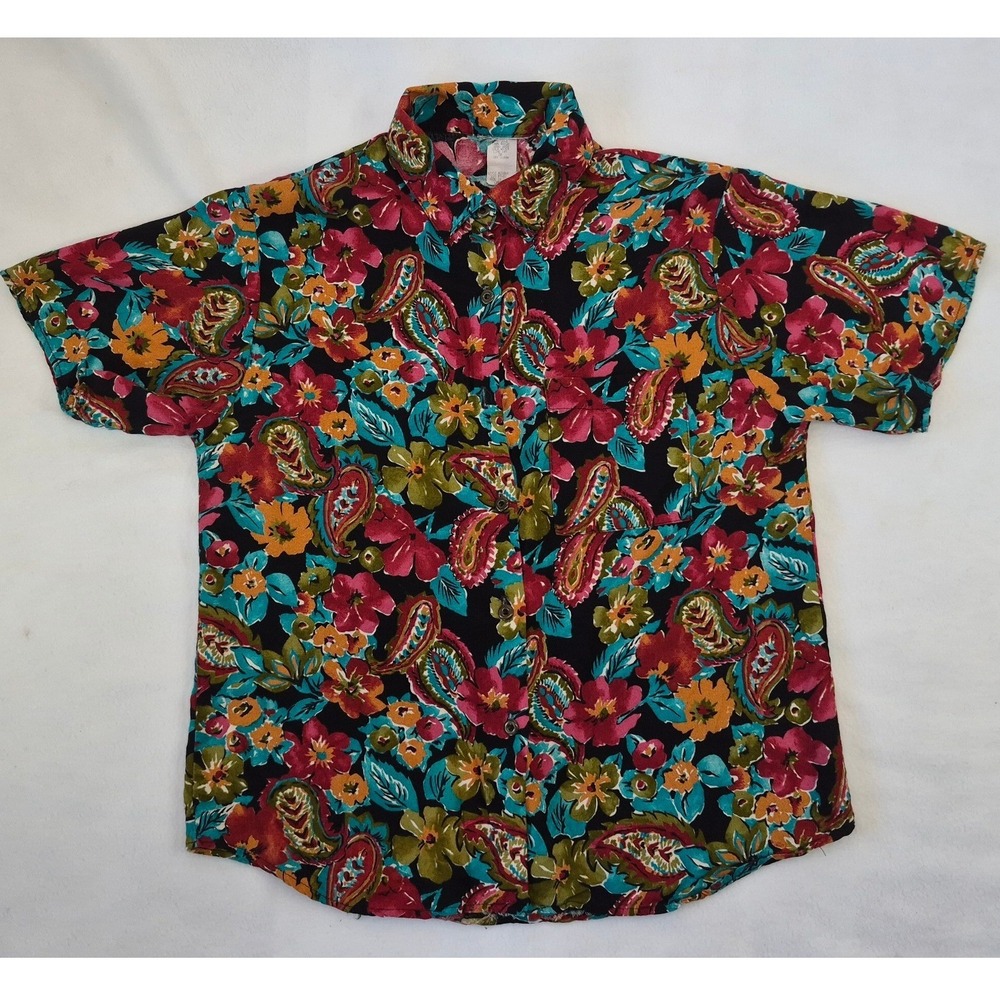 Vintage Floral Paisley Rayon Button Up Shirt Womens Large Made in USA 90s Boho
